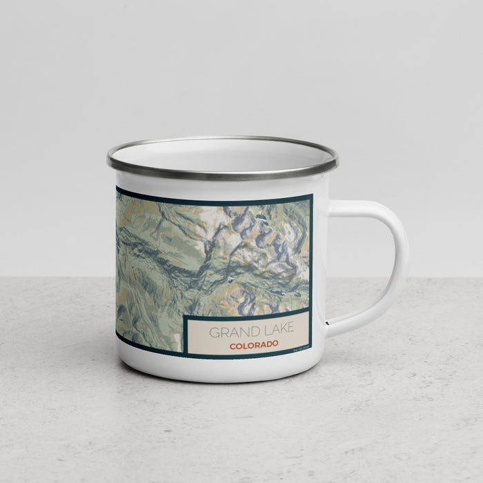 Right View Custom Grand Lake Colorado Map Enamel Mug in Woodblock