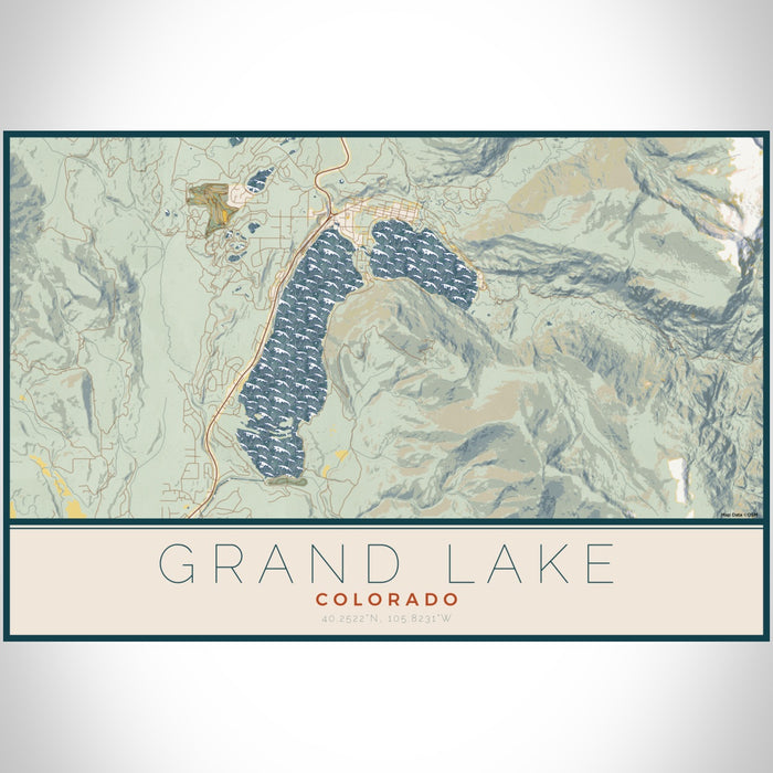 Grand Lake Colorado Map Print Landscape Orientation in Woodblock Style With Shaded Background