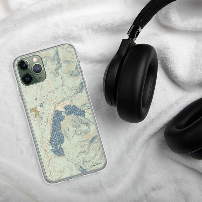Custom Grand Lake Colorado Map Phone Case in Woodblock on Table with Black Headphones