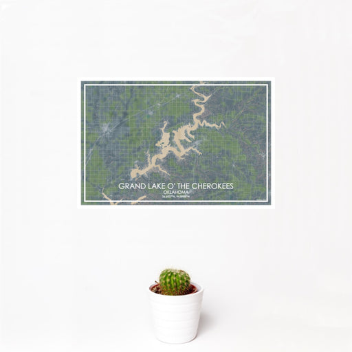 12x18 Grand Lake O' the Cherokees Oklahoma Map Print Landscape Orientation in Afternoon Style With Small Cactus Plant in White Planter