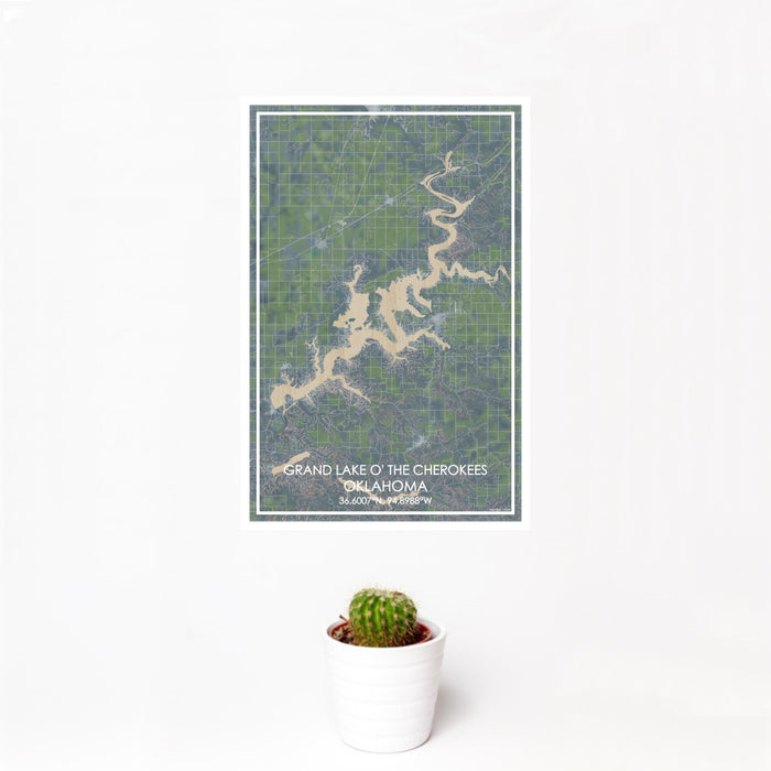 12x18 Grand Lake O' the Cherokees Oklahoma Map Print Portrait Orientation in Afternoon Style With Small Cactus Plant in White Planter