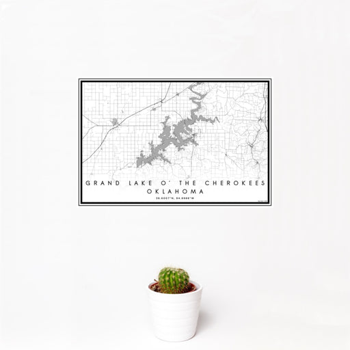 12x18 Grand Lake O' the Cherokees Oklahoma Map Print Landscape Orientation in Classic Style With Small Cactus Plant in White Planter