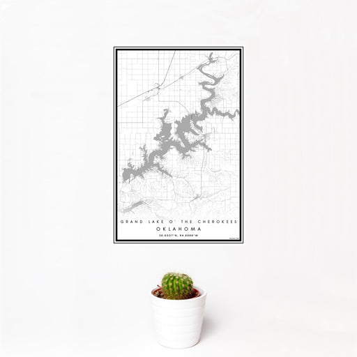 12x18 Grand Lake O' the Cherokees Oklahoma Map Print Portrait Orientation in Classic Style With Small Cactus Plant in White Planter