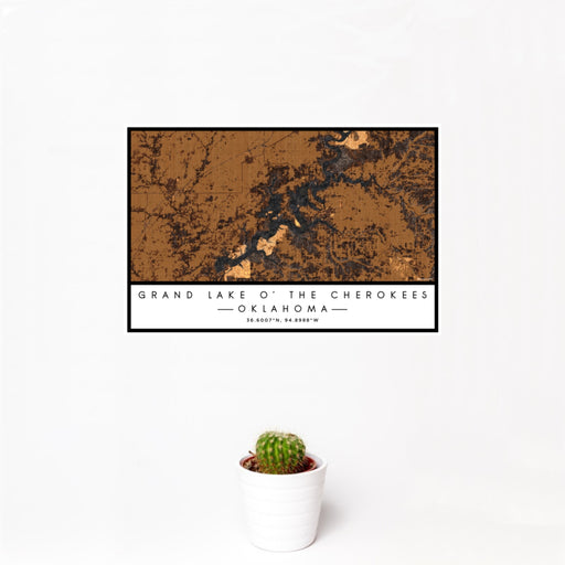 12x18 Grand Lake O' the Cherokees Oklahoma Map Print Landscape Orientation in Ember Style With Small Cactus Plant in White Planter