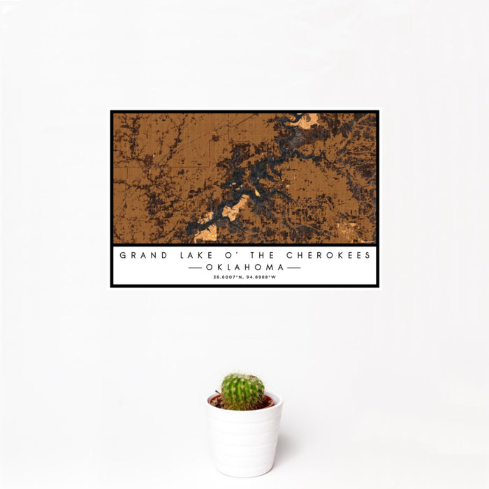 12x18 Grand Lake O' the Cherokees Oklahoma Map Print Landscape Orientation in Ember Style With Small Cactus Plant in White Planter