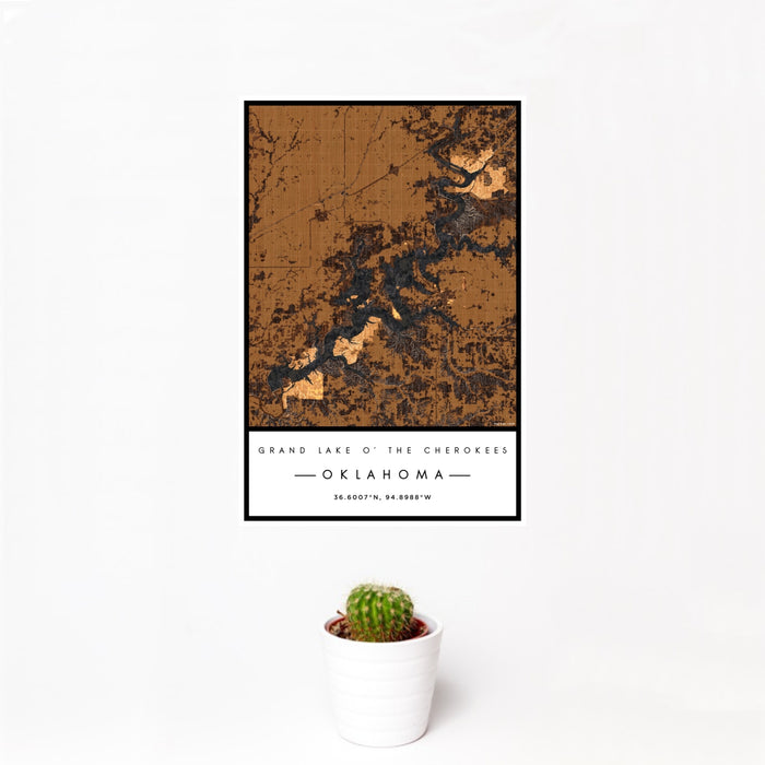 12x18 Grand Lake O' the Cherokees Oklahoma Map Print Portrait Orientation in Ember Style With Small Cactus Plant in White Planter