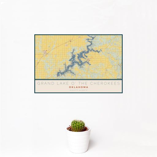 12x18 Grand Lake O' the Cherokees Oklahoma Map Print Landscape Orientation in Woodblock Style With Small Cactus Plant in White Planter