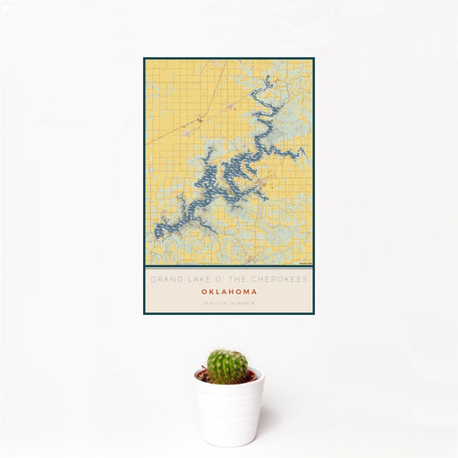 12x18 Grand Lake O' the Cherokees Oklahoma Map Print Portrait Orientation in Woodblock Style With Small Cactus Plant in White Planter