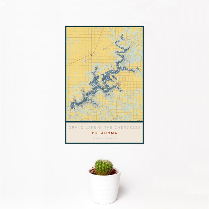 12x18 Grand Lake O' the Cherokees Oklahoma Map Print Portrait Orientation in Woodblock Style With Small Cactus Plant in White Planter