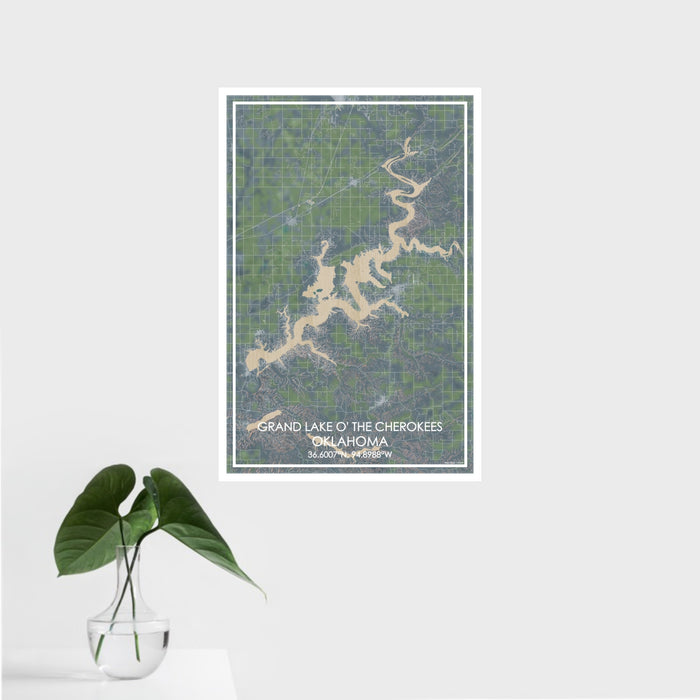 16x24 Grand Lake O' the Cherokees Oklahoma Map Print Portrait Orientation in Afternoon Style With Tropical Plant Leaves in Water