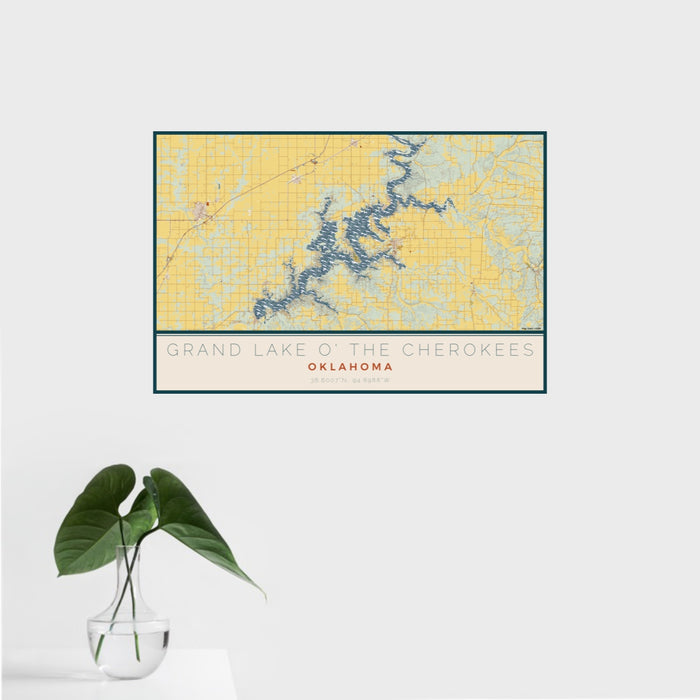 16x24 Grand Lake O' the Cherokees Oklahoma Map Print Landscape Orientation in Woodblock Style With Tropical Plant Leaves in Water