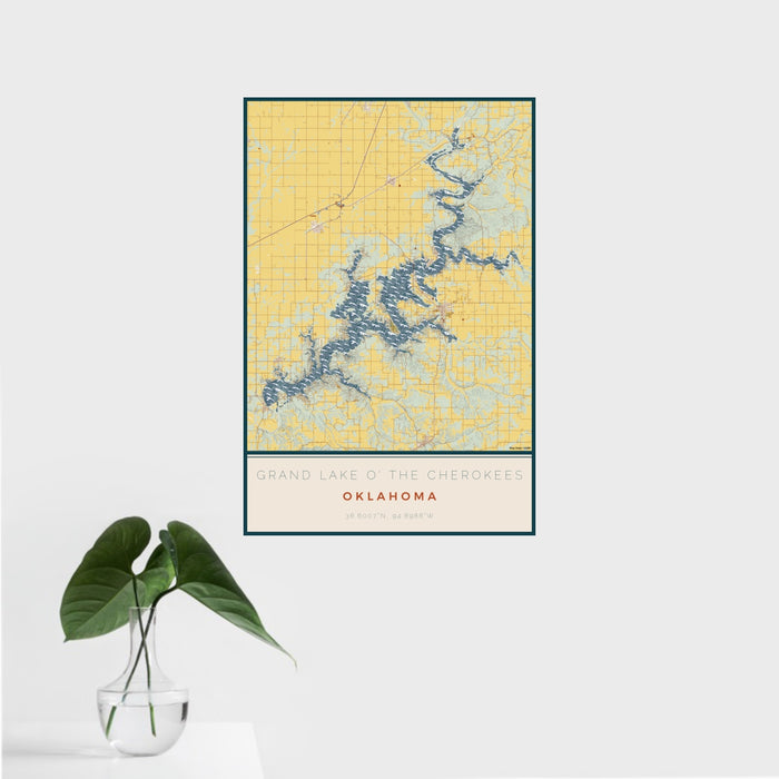 16x24 Grand Lake O' the Cherokees Oklahoma Map Print Portrait Orientation in Woodblock Style With Tropical Plant Leaves in Water