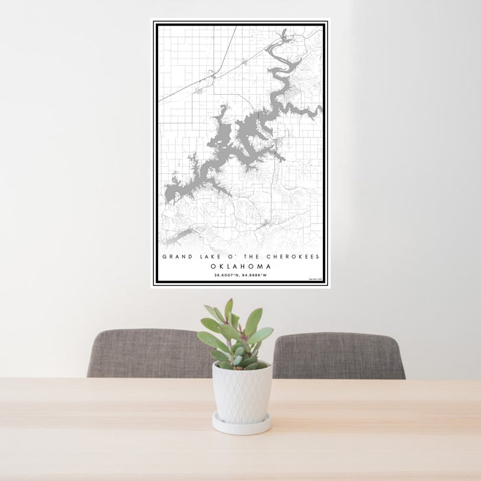 24x36 Grand Lake O' the Cherokees Oklahoma Map Print Portrait Orientation in Classic Style Behind 2 Chairs Table and Potted Plant