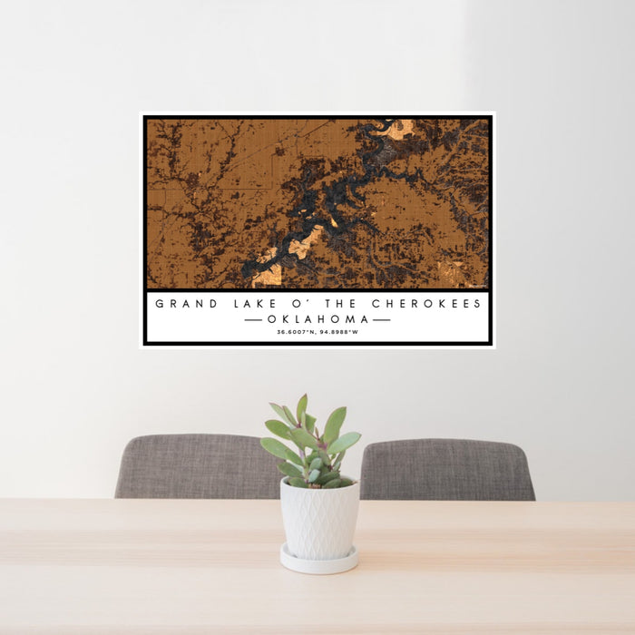 24x36 Grand Lake O' the Cherokees Oklahoma Map Print Lanscape Orientation in Ember Style Behind 2 Chairs Table and Potted Plant