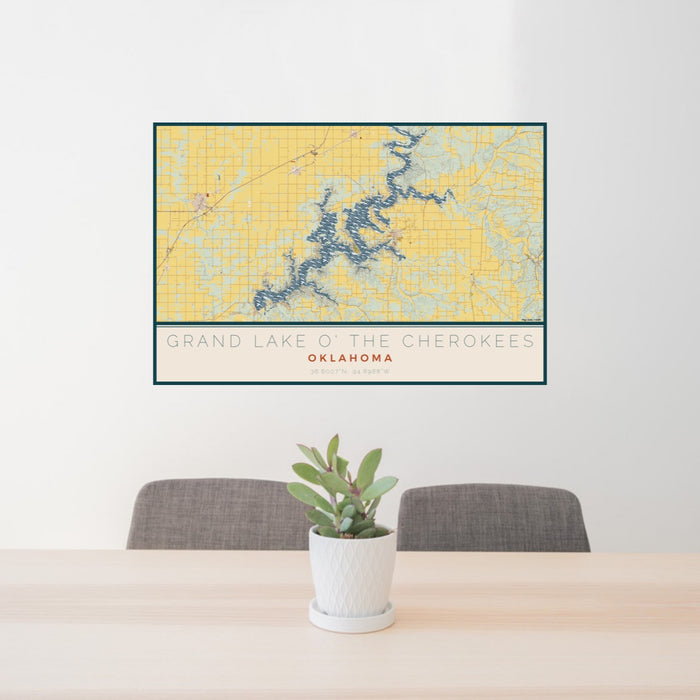 24x36 Grand Lake O' the Cherokees Oklahoma Map Print Lanscape Orientation in Woodblock Style Behind 2 Chairs Table and Potted Plant