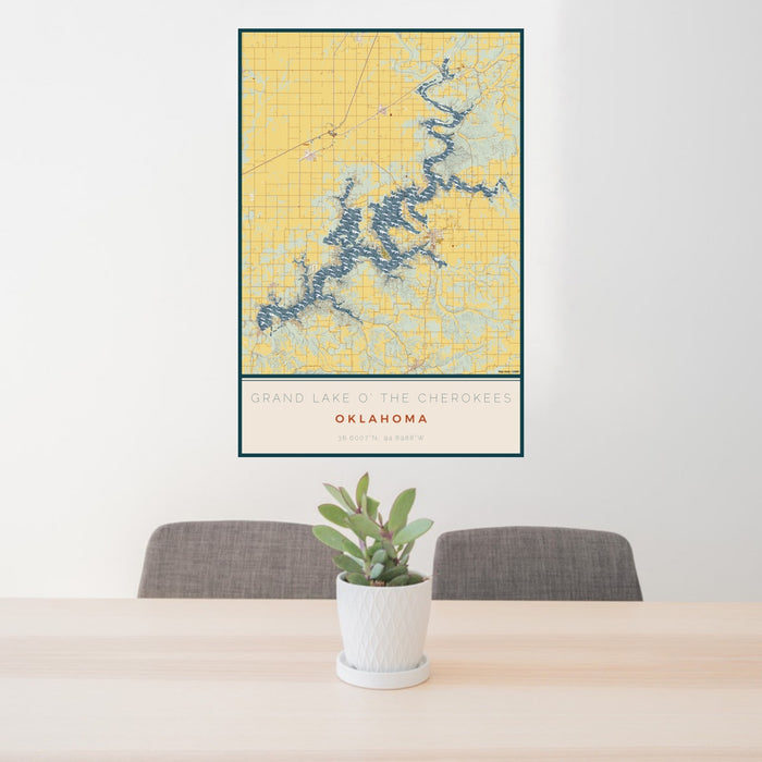 24x36 Grand Lake O' the Cherokees Oklahoma Map Print Portrait Orientation in Woodblock Style Behind 2 Chairs Table and Potted Plant