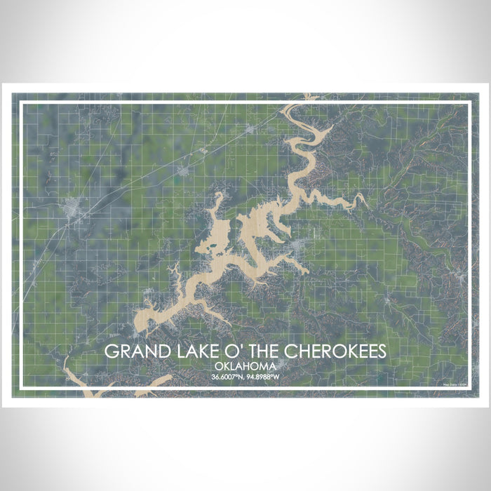 Grand Lake O' the Cherokees Oklahoma Map Print Landscape Orientation in Afternoon Style With Shaded Background