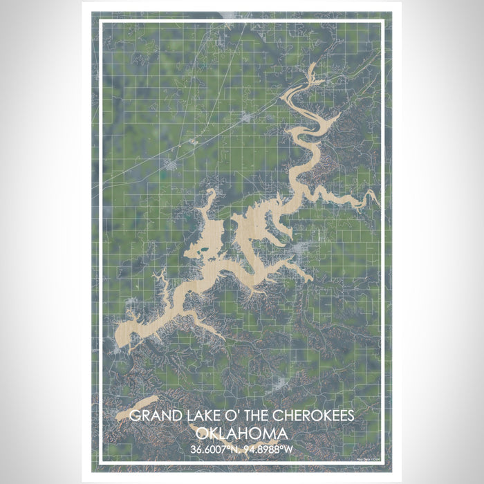 Grand Lake O' the Cherokees Oklahoma Map Print Portrait Orientation in Afternoon Style With Shaded Background