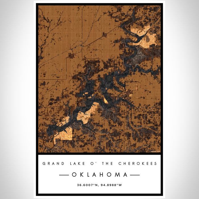 Grand Lake O' the Cherokees Oklahoma Map Print Portrait Orientation in Ember Style With Shaded Background