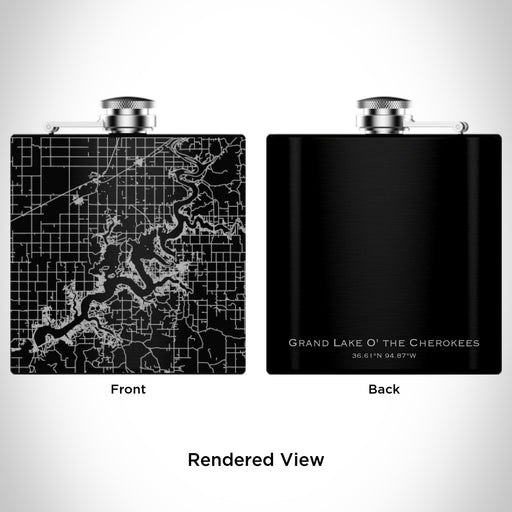 Rendered View of Grand Lake O' the Cherokees Oklahoma Map Engraving on 6oz Stainless Steel Flask in Black