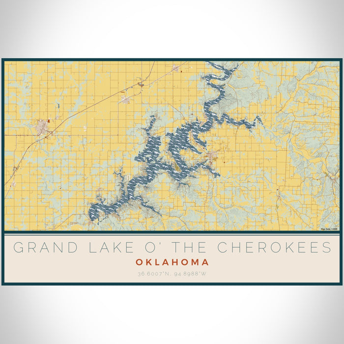 Grand Lake O' the Cherokees Oklahoma Map Print Landscape Orientation in Woodblock Style With Shaded Background