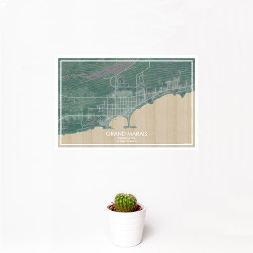 12x18 Grand Marais Minnesota Map Print Landscape Orientation in Afternoon Style With Small Cactus Plant in White Planter