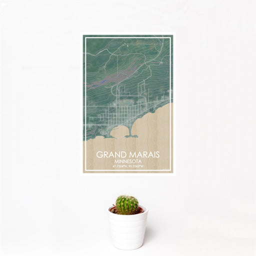 12x18 Grand Marais Minnesota Map Print Portrait Orientation in Afternoon Style With Small Cactus Plant in White Planter