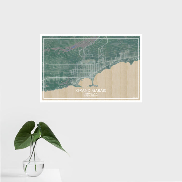 16x24 Grand Marais Minnesota Map Print Landscape Orientation in Afternoon Style With Tropical Plant Leaves in Water