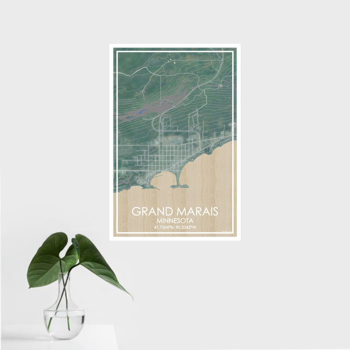 16x24 Grand Marais Minnesota Map Print Portrait Orientation in Afternoon Style With Tropical Plant Leaves in Water