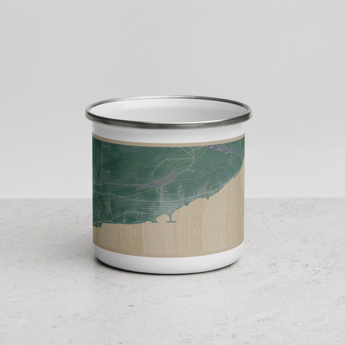 Front View Custom Grand Marais Minnesota Map Enamel Mug in Afternoon