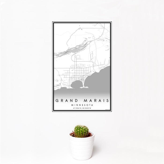 12x18 Grand Marais Minnesota Map Print Portrait Orientation in Classic Style With Small Cactus Plant in White Planter