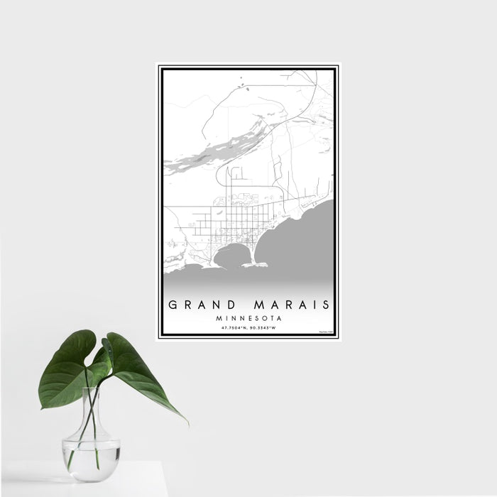 16x24 Grand Marais Minnesota Map Print Portrait Orientation in Classic Style With Tropical Plant Leaves in Water