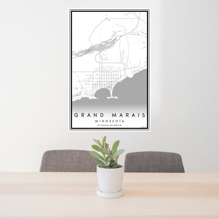 24x36 Grand Marais Minnesota Map Print Portrait Orientation in Classic Style Behind 2 Chairs Table and Potted Plant