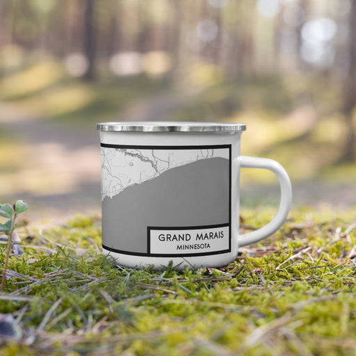 Right View Custom Grand Marais Minnesota Map Enamel Mug in Classic on Grass With Trees in Background