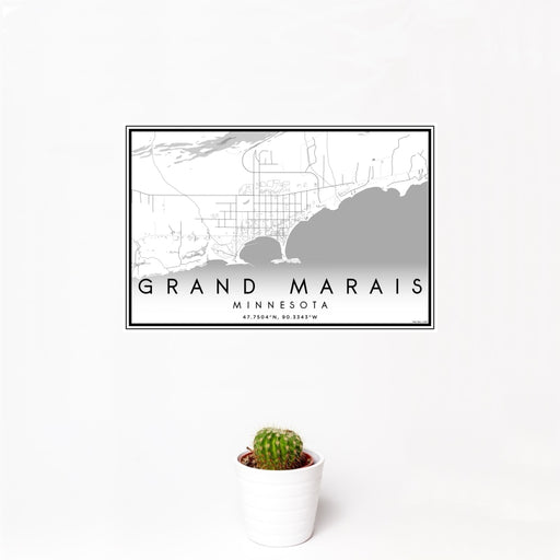 12x18 Grand Marais Minnesota Map Print Landscape Orientation in Classic Style With Small Cactus Plant in White Planter