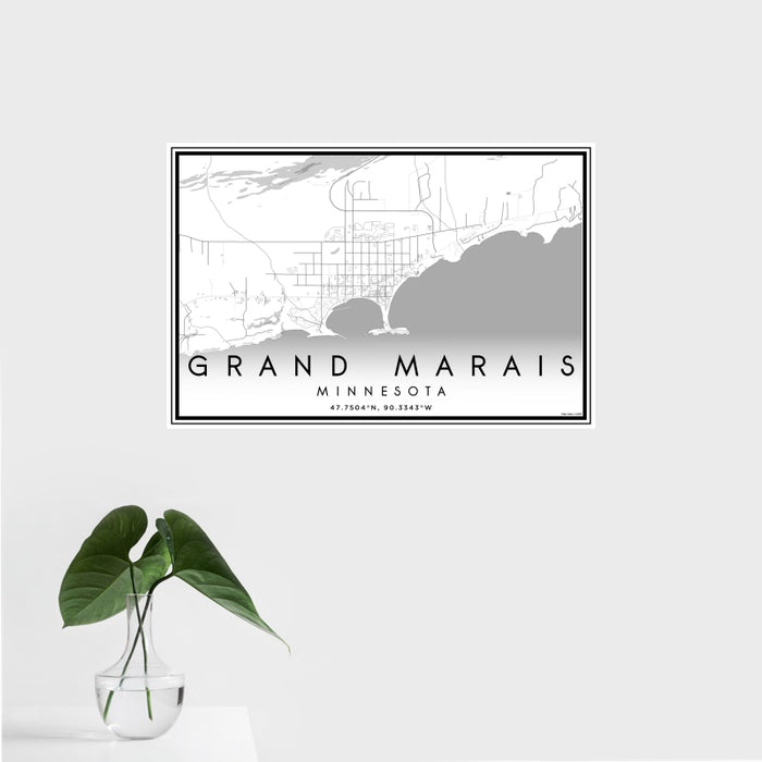 16x24 Grand Marais Minnesota Map Print Landscape Orientation in Classic Style With Tropical Plant Leaves in Water