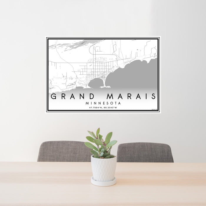 24x36 Grand Marais Minnesota Map Print Landscape Orientation in Classic Style Behind 2 Chairs Table and Potted Plant