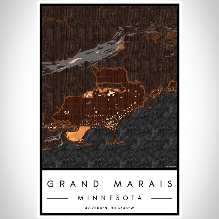 Grand Marais Minnesota Map Print Portrait Orientation in Ember Style With Shaded Background