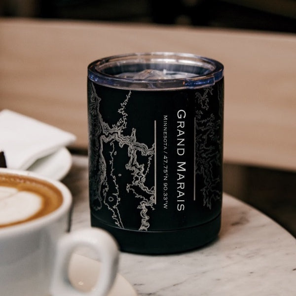 Grand Marais Minnesota Custom Engraved City Map Inscription Coordinates on 10oz Stainless Steel Insulated Cup with Sliding Lid in Black