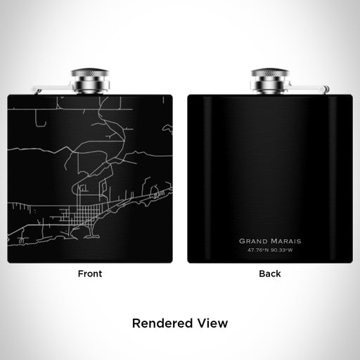 Rendered View of Grand Marais Minnesota Map Engraving on 6oz Stainless Steel Flask in Black