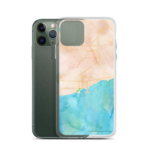 Custom Grand Marais Minnesota Map Phone Case in Watercolor on Table with Laptop and Plant