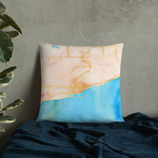 Custom Grand Marais Minnesota Map Throw Pillow in Watercolor on Bedding Against Wall