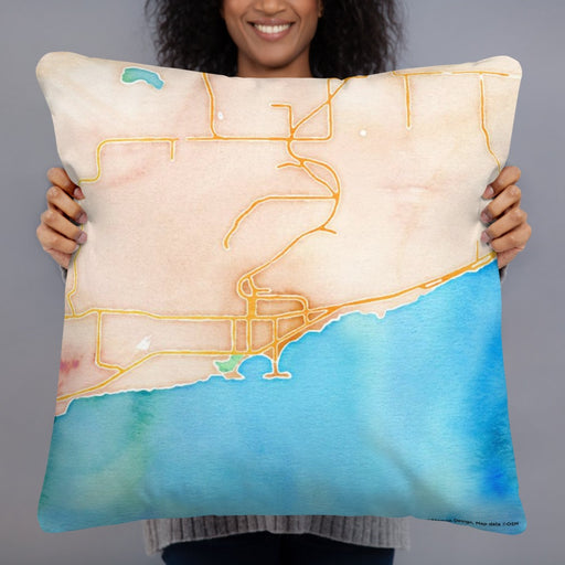 Person holding 22x22 Custom Grand Marais Minnesota Map Throw Pillow in Watercolor