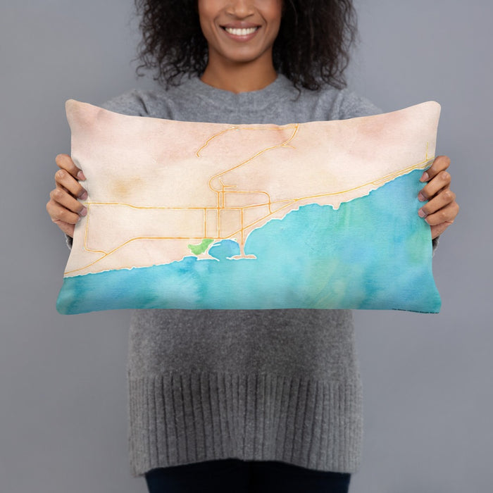 Person holding 20x12 Custom Grand Marais Minnesota Map Throw Pillow in Watercolor