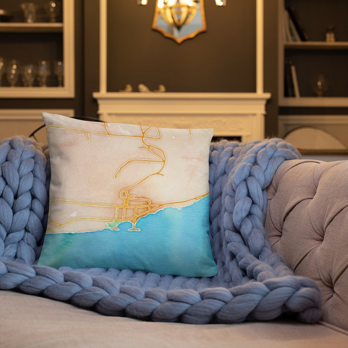 Custom Grand Marais Minnesota Map Throw Pillow in Watercolor on Cream Colored Couch