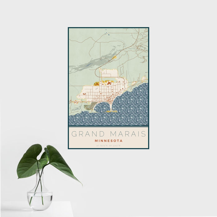 16x24 Grand Marais Minnesota Map Print Portrait Orientation in Woodblock Style With Tropical Plant Leaves in Water
