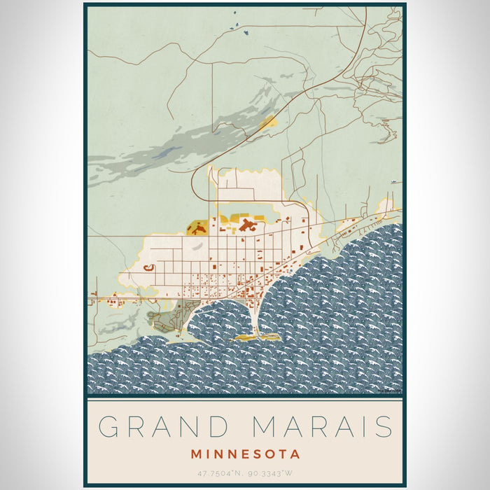 Grand Marais Minnesota Map Print Portrait Orientation in Woodblock Style With Shaded Background