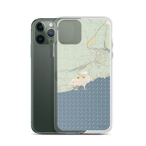 Custom Grand Marais Minnesota Map Phone Case in Woodblock on Table with Laptop and Plant