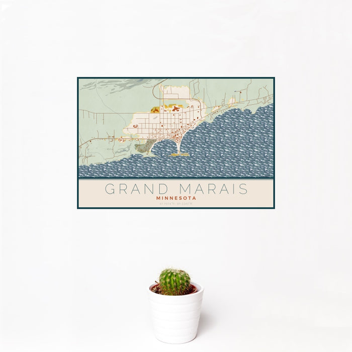 12x18 Grand Marais Minnesota Map Print Landscape Orientation in Woodblock Style With Small Cactus Plant in White Planter