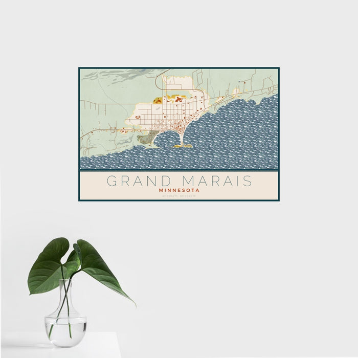 16x24 Grand Marais Minnesota Map Print Landscape Orientation in Woodblock Style With Tropical Plant Leaves in Water